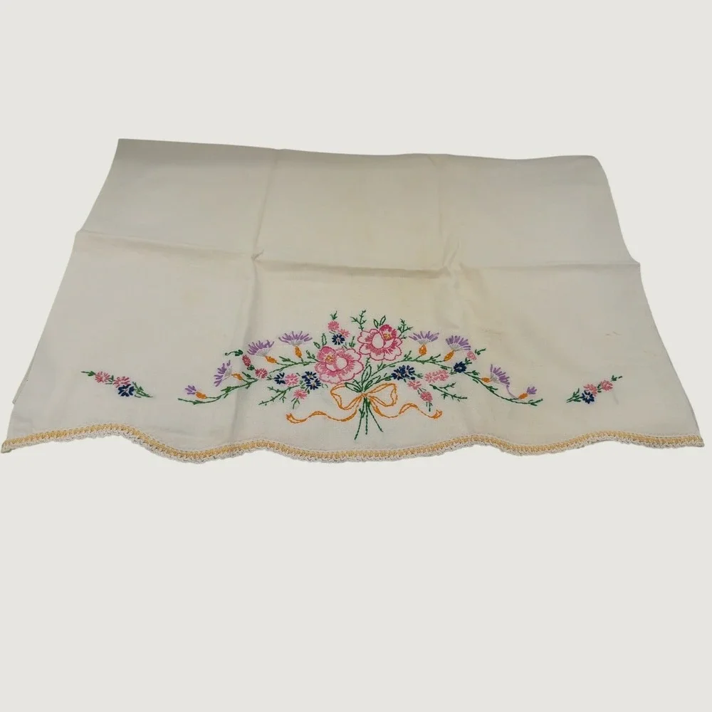 Vintage Hand Embroidered Floral Linen Pillowcase Scalloped Crochet Lace Cream